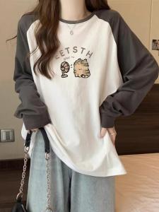 เสื้อยืดแขนยาวหลวมๆ สไตล์อเมริกันสำหรับผู้หญิงไซส์ใหญ่ ทรงหลวมๆ สไตล์ย้อนยุค ลำลอง เสื้อผ้าทำงานสไตล์เกาหลี