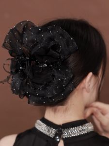 Large Size Shark Clamp Hair Clip Bubble Bow Knot Starry Sky Design Face Shaping Hair Accessory French Style Silk Hairpin