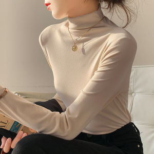 Womens Half Turtleneck Dralon Bottoming Shirt Fall and Winter Inner Wear Fancy Brushed T-shirt Fleece-lined Thickened Thermal Long Sleeve Top