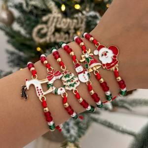KunJoe 6Pcs/Set Santa Claus Snowflake Christmas Tree Pendant Bracelet Women Cute Adjustable Rope Chain Crystal Beaded Bracelet