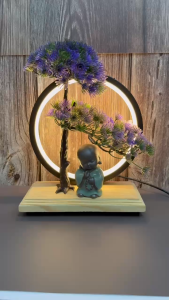 Tiểu Cảnh Bonsai Đèn Hào Quang - Trang Trí Để Bàn Decor Phòng Khách Bàn Làm Việc (Lá Xanh)