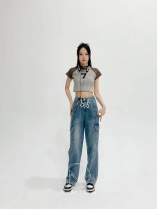 F.MIGA C45 Celana Kerja Wanita Kekinian Cargo Jeans High Waist Tali Pinggang Baggy Pants Jumbo