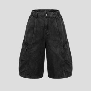 Multi-pocketed Washed Wide Leg Shorts With Pleats