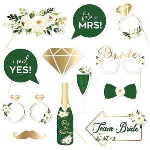 12pcs Sage Green Gold Foil Wedding Photo Booth Props Paper Photo Prop for Bridal Shower Bachelorette Party & Wedding Photography