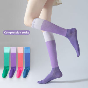 ถุงเท้ายาวถึงน่องระบายอากาศของผู้หญิงมีสีเข้าคู่ถุงเท้ากันกระแทกถุงน่องสูงสำหรับวิ่งออกกำลังกายขี่โยคะพิลาทิสถุงเท้ากีฬาเดินทาง