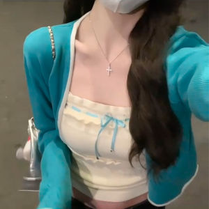 Áo Len Cardigan Dệt Kim Màu Xanh Thiết Kế Đầu Thu Cho Nữ Áo Ba Lỗ Màu Trắng Pure Desire Hot Bé Gái Áo Hai Mảnh