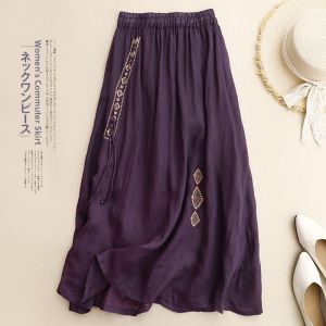 Elegant Chinese Embroidered Cotton Linen Half Skirt Slimming Drapey Thin Summer High Waist A-Line Skirt for Women