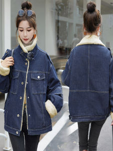 Womens Short Fleece Lined Denim Jacket Thickened Cotton Lamb Fur Warmth Outerwear Korean Style Loose Fit Long Sleeve Zipper