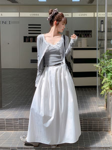 Stylish Summer Knitted Mini Skirt Set Womens Unique Beautiful Three-piece Ensemble Long Sleeve Button up Polyester Blend