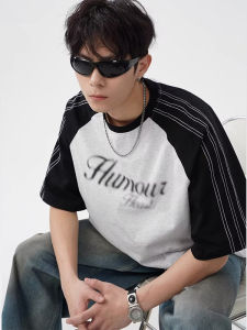 American Style Striped Splice Short Sleeve T-Shirt Men Summer Trend Motorcycle Style Loose Shoulder Insertion Upperwear