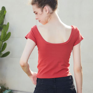 Pure Cotton Short Sleeve T-Shirt Women Summer with Chest Pad Base Shirt V-neck Back Exposure Half Sleeve U-shaped Beautiful Back Short Model Belly Button Exposure Top