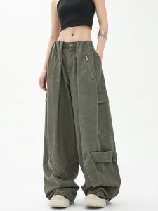 American Vintage Military Green Paratrooper Pants Summer Loose Wide Leg Cotton Trousers Womens Casual Straight Cut Jeans