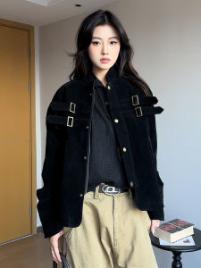 Black Cleanfit Design Suede Jacket Mens Short Style Stand Collar American Style Fall Wear Casual Youth Fashion