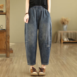 กางเกงยีนส์ทรงฮาเร็มปักลายสไตล์วินเทจไซส์ใหญ่ กางเกงยีนส์ทรงหลวม ทรงกระบอกเล็ก ทรงฤดูใบไม้ผลิและฤดูใบไม้ร่วง ทรงใหม่ 2025