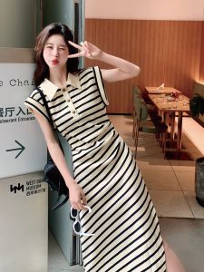 Summer Polo Collar Stripe Dress Womens A-Line Mini Skirt High Waist Slit Casual Short Sleeve Slim Fit Hepburn Style Dress