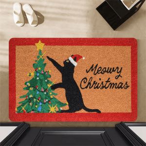 VIKAMA Fun Black Cat Christmas Doormat Meowry Christmas Slogan Non Slip Entryway Mat Washable Rug for Entryway Hallway Decor