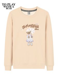 Organic Cotton Bear Embroidery Sweatshirt Womens Spring Autumn Thin Shoulder Line Fleece Lined Loose Fit Large Size Base Shirt Top