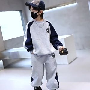 (18-52kg) Đồ bộ set quần áo dài tay mùa thu đông mặc nhà cho bé trai quần áo trẻ em nam từ 5-16 tuổi mẫu NY chất liệu nỉ