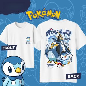 Bandai | Anime Pokémon Piplup Evolution Printed Cotton T-shirt Summer Mens and Womens Harajuku Clothing Fashion Casual Street T-shirt