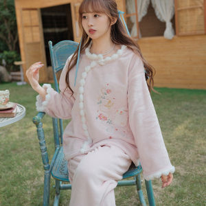 Thickened Plush Sleepwear Womens Home Clothes Set Original Style Tang Costume Embroidered Moon Rabbit Long Sleeve Nightgown