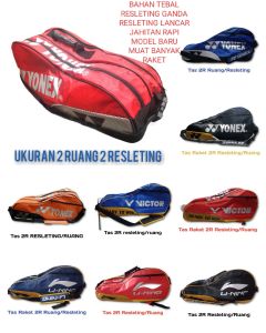 TAS RAKET BADMINTON  2 UKURAN 3R 2R  RESLETING RUANG BAHAN TEBAL WARNA HITAM BIRU MERAH HIJAU