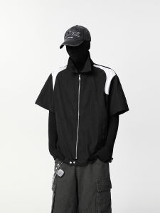 FANGWANG Mens Short Sleeve Ice Silk Shirt Shoulder Pads Splicing Pad Summer Thin Outerwear Casual Loose Fit Polyester