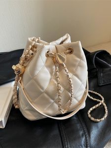 Fashionable Diamond Pattern Chain Bucket Bag Womens Mini Crossbody Shoulder Bag Soft PU Leather Korean Style Casual Bag