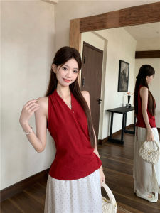 GUZILIAN | ชุดสองชิ้นคอวีแขนกุดเอวสูงลายจุดแฟชั่น เสื้อผ้าทำงานสไตล์เกาหลี ทรงสลิมฟิต ทรงหลวม ฤดูร้อน 2025