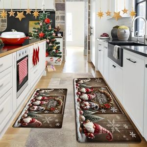 VIKAMA Christmas Kitchen Mat Four Gnomes Wreath Snowflake Xmas Tree Wood Print Soft Rug For Kitchen Dining Room Hallway Decor