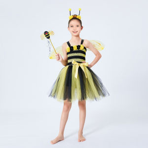 lilysshop Halloween Girl Bee Costume Tulle Dress with Wing Headband and Fairy Wand for Kids Role-Playing Party Cosplay Outfit