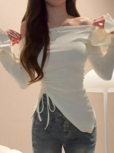 Korean Style Drawstring Shoulder Bared Long Sleeve Womens Base Shirt Inner Wear T-Shirt Autumn Design Youth Fashion Commute