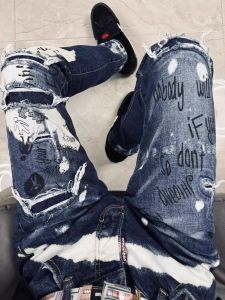 Mùa Hè Mới Graffiti Letter Nam Ôm Vừa Vặn Denim Quần Jean Miếng Dán Có Độ Đàn Hồi Cao Rách Thời Trang Sành Điệu Chân Thẳng Trẻ Trung Quần Dài