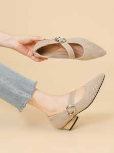 Princess Woven Shallow Mouth Mary Jane Spring & Fall New Arrival One-Strap Belt Buckle Knit Breathable Lightweight Low Heel Shoes Women