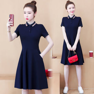 Summer New Arrival Loose Polo Collar A- line Short Sleeve T-shirt Skirt Womens Mid Length Long Length plus Size Waist Trimming Slimming Flounce Dress