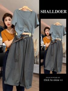 Shalldoer | Womens Casual Sports Set Short Sleeve Tshirt Loose Wide Leg Pants