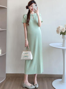 Maternity Dress Summer New Style Improved Cheongsam Short Sleeve Long Length A-Line Skirt Korean Version Floral Pattern for Pregnant Women