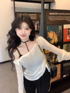 Spicy Girl Shoulder Bared Long Sleeve T Shirt Women Summer Design Sense Uneven Drawstring Waist Slimming Sun Protection Shirt See through Top