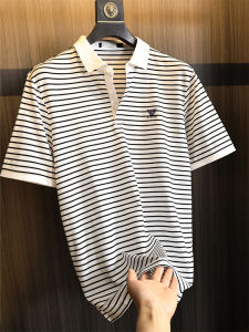 Lacele Silk Cotton Blend Mens Polo Shirt Summer 2025 Short Sleeve Turn-down Collar Fashionable Urban Striped Casual Top