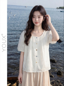 YOUXIANG | Áo Blouse Tay Ngắn Form Rộng Thêu Hoa Mùa Hè