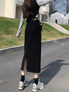 High Waist Mid-Length A-Line Slimming Black Denim Half Skirt Spring Autumn New Style Korean Version Commute Cotton Polyester Blend