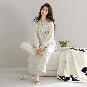 MiiOW | ชุดนอนผู้หญิงผ้าฝ้ายแท้แขนยาว กางเกงขายาว ชุดคาร์ดิแกน ลำลอง ใส่อยู่บ้าน สามารถสวมใส่กลางแจ้งได้ ฤดูใบไม้ผลิและฤดูใบไม้ร่วง