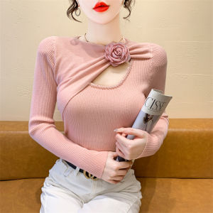 Elegant Hollow out Long Sleeve Knitwear Womens Spring Autumn Butterfly Knot Inner Wear Base Shirt Heavy Work Commute Style