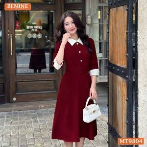 Đầm thiết kế BEMINE cổ đức dáng A xòe tay lửng đính cúc phù hợp đi làm đi chơi-MT9804