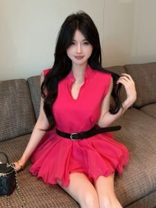 GUZILIAN | Áo sơ mi không tay cổ cao cạp cao thiết kế xếp ly phong cách công sở mùa hè 2025 chất liệu khác dài vừa phải