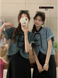 New Chinese Style Short Sleeve Denim Shirt Womens Summer Casual Atmosphere Sensation Button up Cotton Blend Ladies Jacket