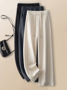 กางเกงขายาวทรงหลวมเอวสูงผ้าอะซิเตทคอตตอนผสมสำหรับผู้หญิง ฤดูใบไม้ผลิและฤดูใบไม้ร่วง กางเกงขายาวทรงตรงหนา อบอุ่น ทรงหลวม ทรงลำลอง