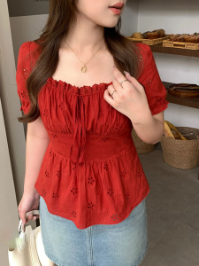 Elegant Hollow Hook Lace Shirt Womens Plus Size Micro Fat MM Slimming Short Sleeve French Style Shirt Square Collar Puff Sleeves