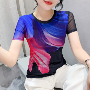 Yimei đẹp in lưới áo thun tay ngắn cho phụ nữ dáng ôm mùa hè khí chất Cổ Tròn đàn hồi áo ngoại cỡ