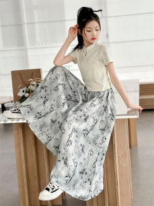 Loose Long Pants Skirt Set for Girls Child Chinese Style Short Sleeve Water-Media Painting Loose Pants Summer Outfit Two-Piece Set