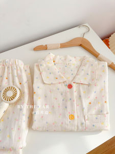 ชุดนอนผ้าฝ้ายลายดอกไม้สองชั้นสไตล์เกาหลี ชุดนอนผู้หญิง ฤดูใบไม้ผลิและฤดูร้อน ชุดนอนสบายๆ ขนาดใหญ่ ชุดนอนสบายๆ ชุดนอนสบายๆ